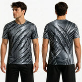 Man wearing a gray and black patterned t-shirt, shown from front and back, on a white background.