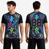 Black t-shirt with colorful graphics and text on a white background