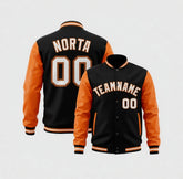 Black and orange varsity jacket with customizable text on a white background