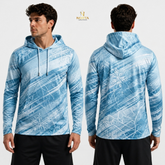 Blue patterned hoodie shown from front and back on a white background