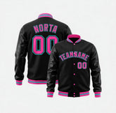 Black varsity jacket with black and blue accents on a white background