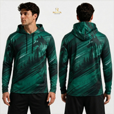 Green hoodie with wolf design worn by a model on a white background, featuring the Norta brand.