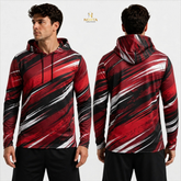 Red, black, and white striped hoodie displayed from front and back on a model against a white background.