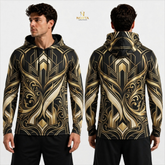 Hoodie with gold and black geometric pattern worn by a model on a white background