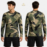 Camouflage long-sleeve shirt with brand logo on a white background