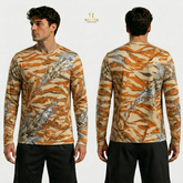 Camouflage long-sleeve shirt displayed from front and back on a white background