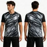 Man wearing a black and gray patterned sports shirt, front and back views, on a white background.