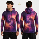 Hoodie with galaxy design shown from front and back on a white background