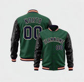 Green varsity jacket with black sleeves and customizable text on a white background