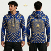 Blue hoodie with gold lion design worn by a model, showing front and back views.