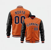 Orange varsity jacket with black sleeves and customizable text on a white background