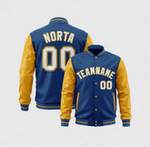 Blue and yellow varsity jacket with customizable text on a white background