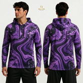 Purple and black marbled hoodie shown from front and back on a white background