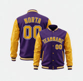 Purple and yellow varsity jacket with customizable text on a white background