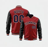 Red varsity jacket with black sleeves and personalized text on a white background