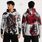 Hoodie with samurai design on front and back, displayed on a person against a white background.