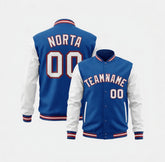 Blue and white varsity jacket with customizable text on a white background