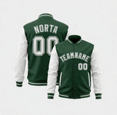 Green and white varsity jacket with 'NORTA' and 'TEAMNAME' text on a white background