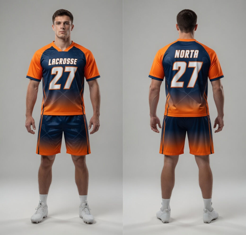 Custom Blue Orange Lacrosse Uniforms