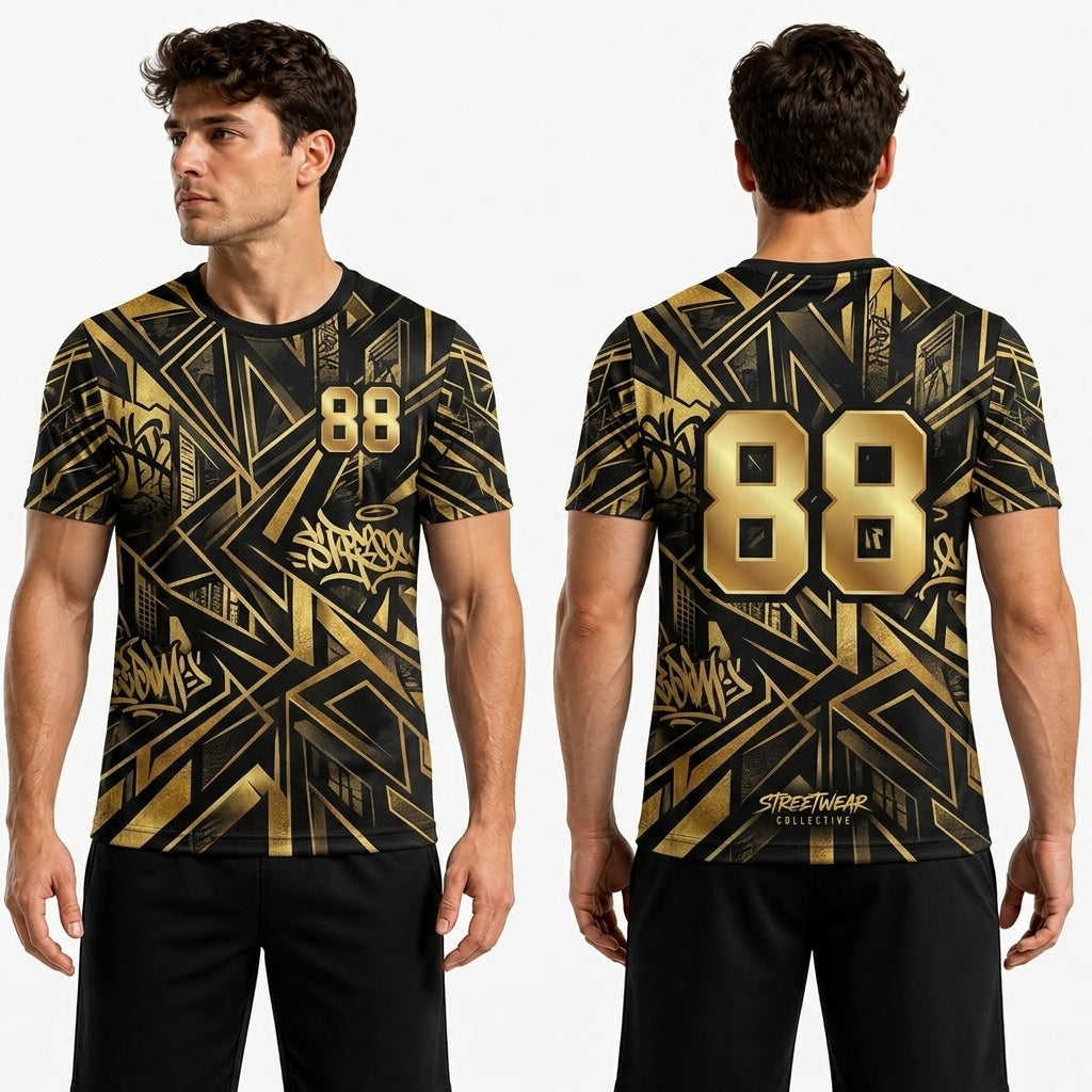 Black and gold t-shirt with number 88 and 'Streetwear' text, shown front and back on a model.