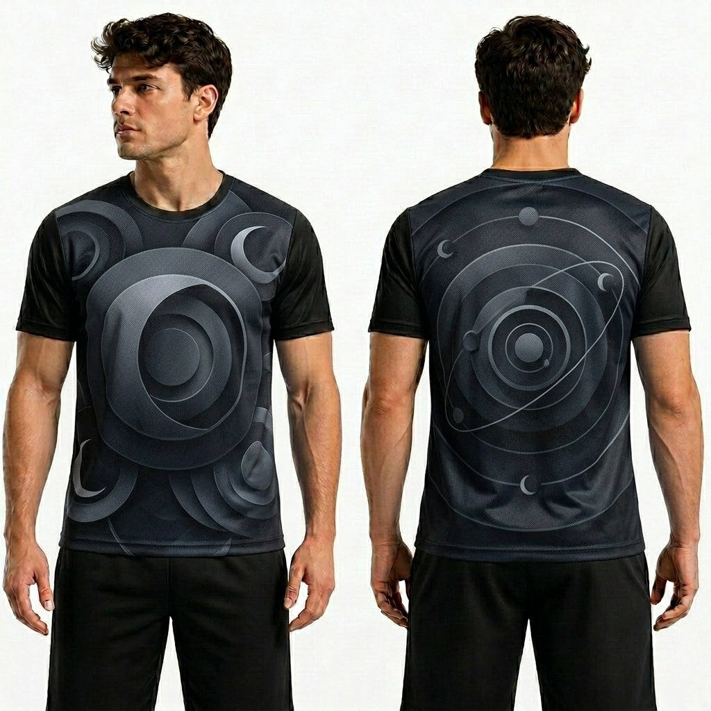 Black t-shirt with abstract design on front and back worn by a model