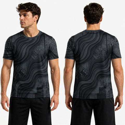 Black patterned t-shirt worn by a model on a white background