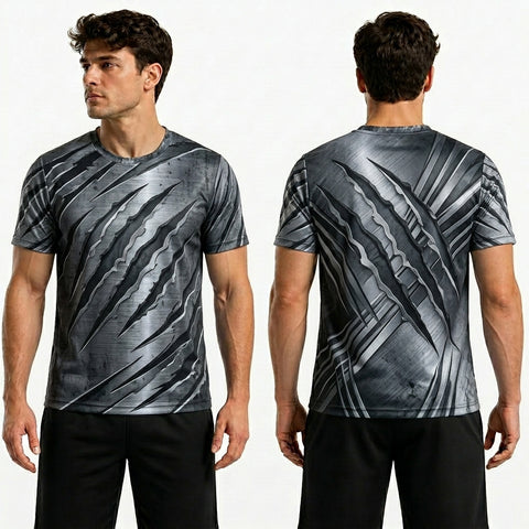 Man wearing a gray and black patterned t-shirt, shown from front and back, on a white background.