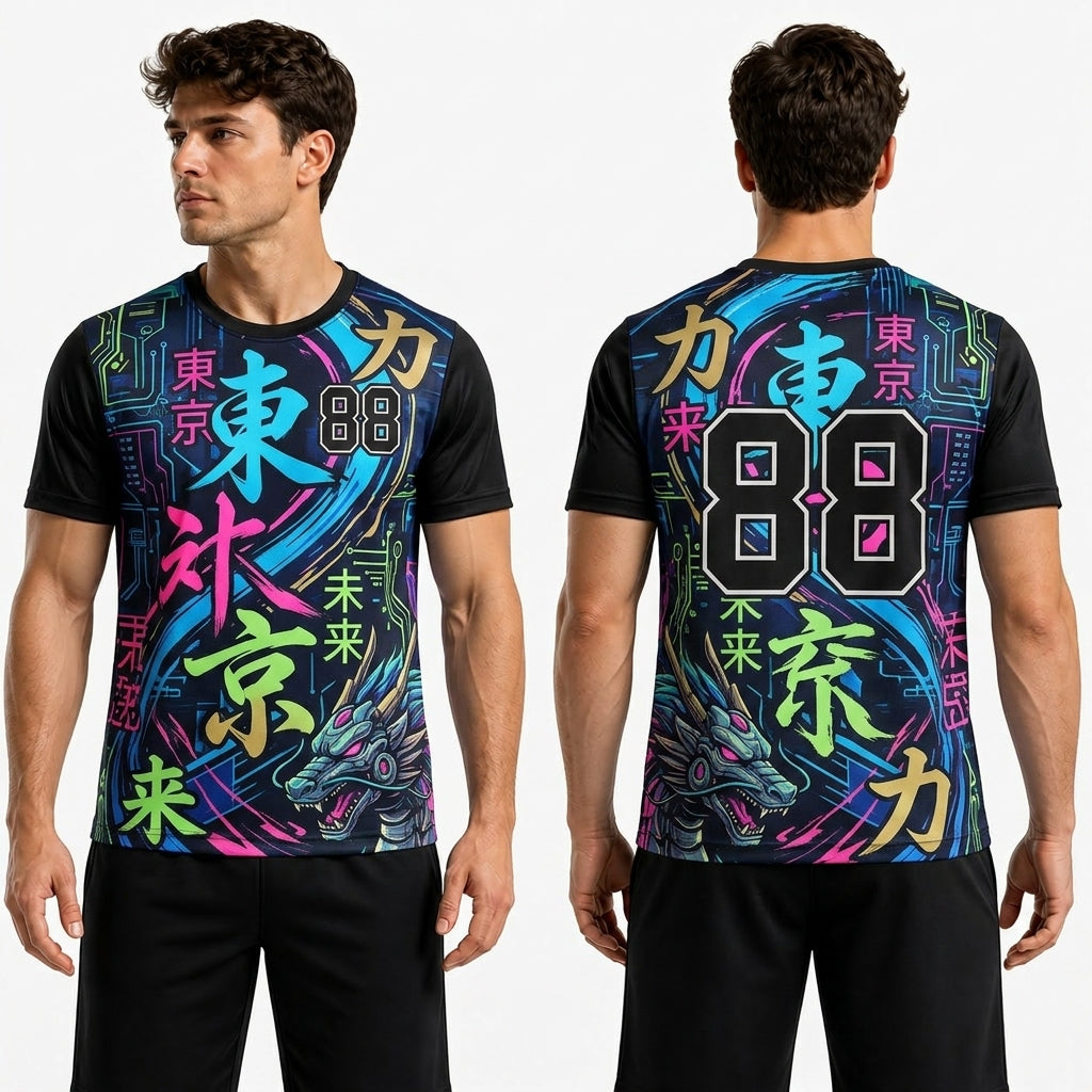 Black t-shirt with colorful graphics and text on a white background