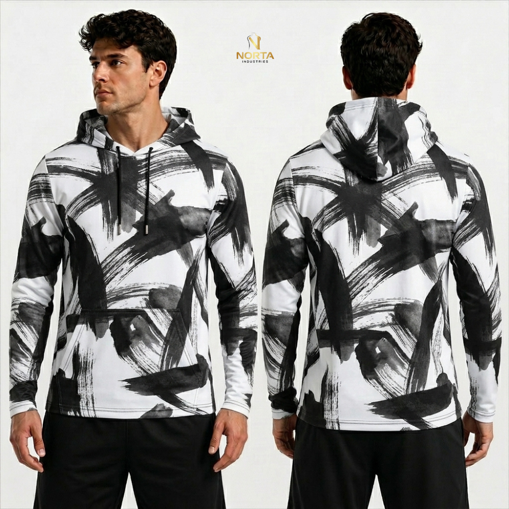 Man wearing a black and white abstract patterned hoodie, shown from front and back, on a light gray background.