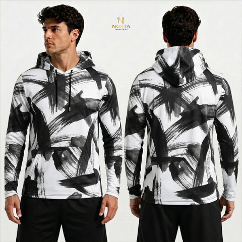 Man wearing a black and white abstract patterned hoodie, shown from front and back, on a light gray background.
