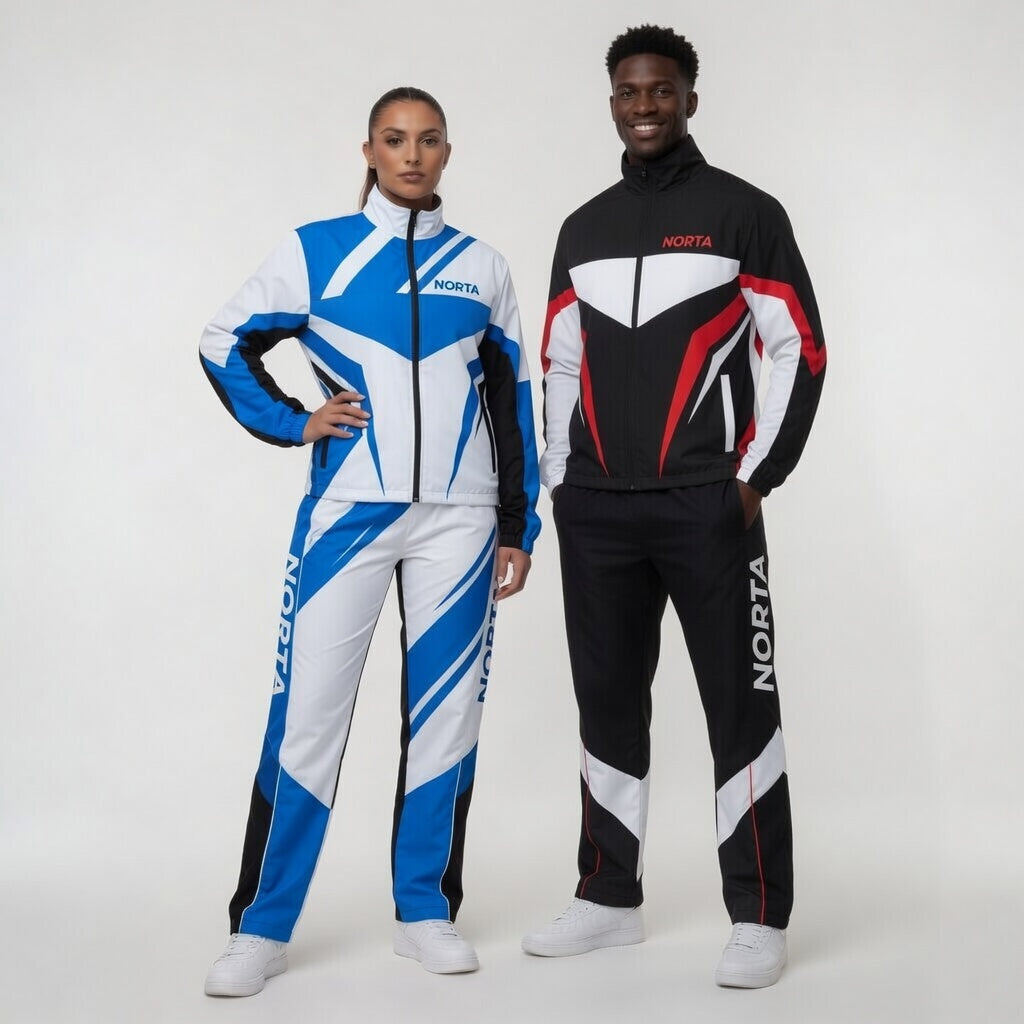 Two people wearing Norta racing suits on a white background