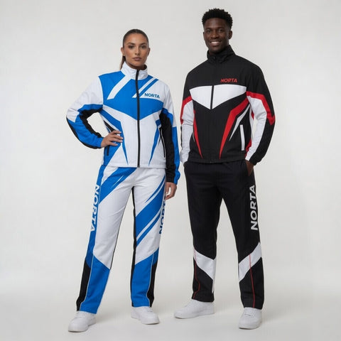 Two people wearing Norta racing suits on a white background