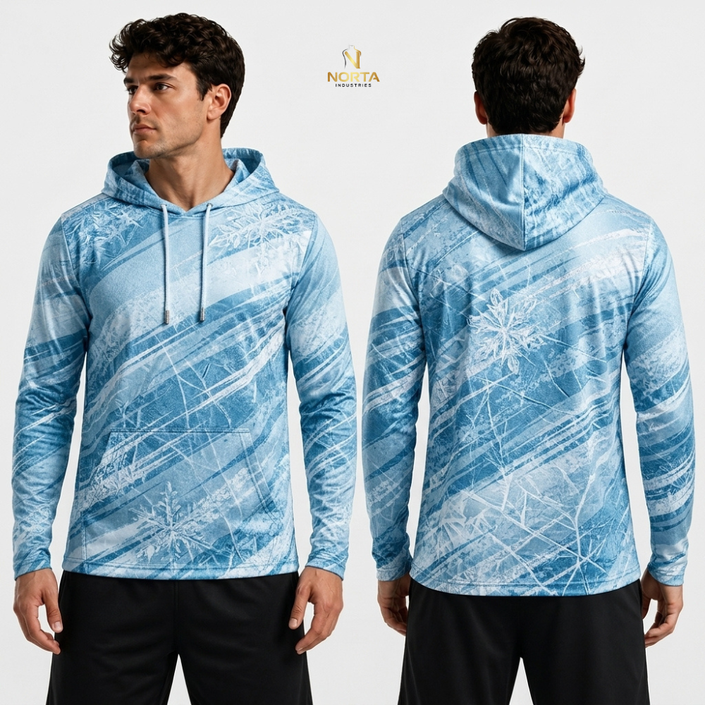 Blue patterned hoodie shown from front and back on a white background