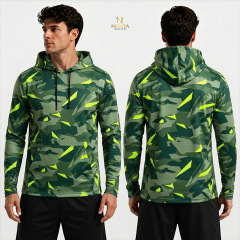 Green camouflage hoodie with yellow accents worn by a model on a white background, featuring the Norta brand.