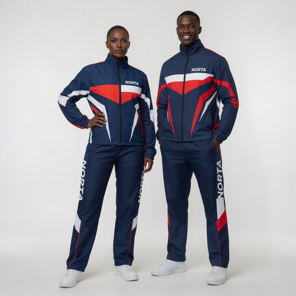 Two people wearing matching blue tracksuits with red and white accents on a white background