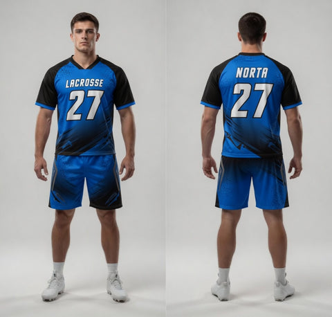 Custom Black Blue Lacrosse Uniforms