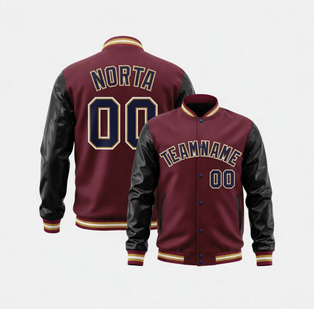 Maroon varsity jacket with black sleeves and customizable text on a white background