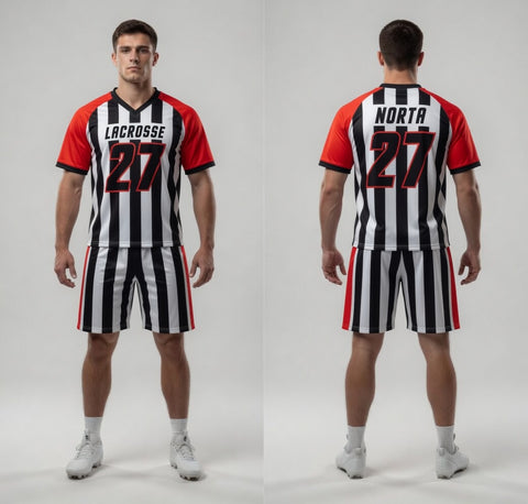 Lacrosse uniform with red, black, and white design on a gray background