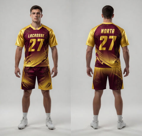 Custom Crimson Yellow Lacrosse Uniforms