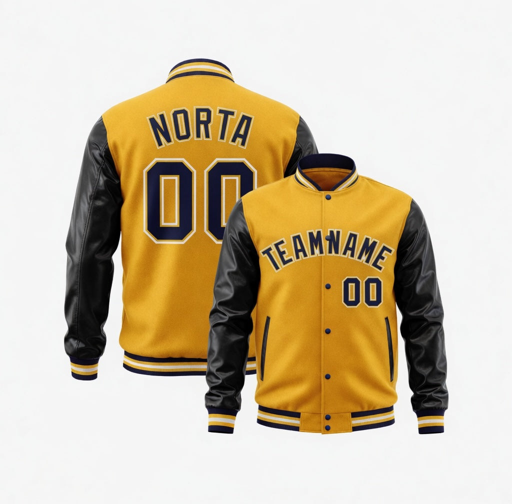 Gold varsity jacket with black sleeves and customizable text on a white background