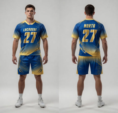 Custom Gold Blue Lacrosse Uniforms