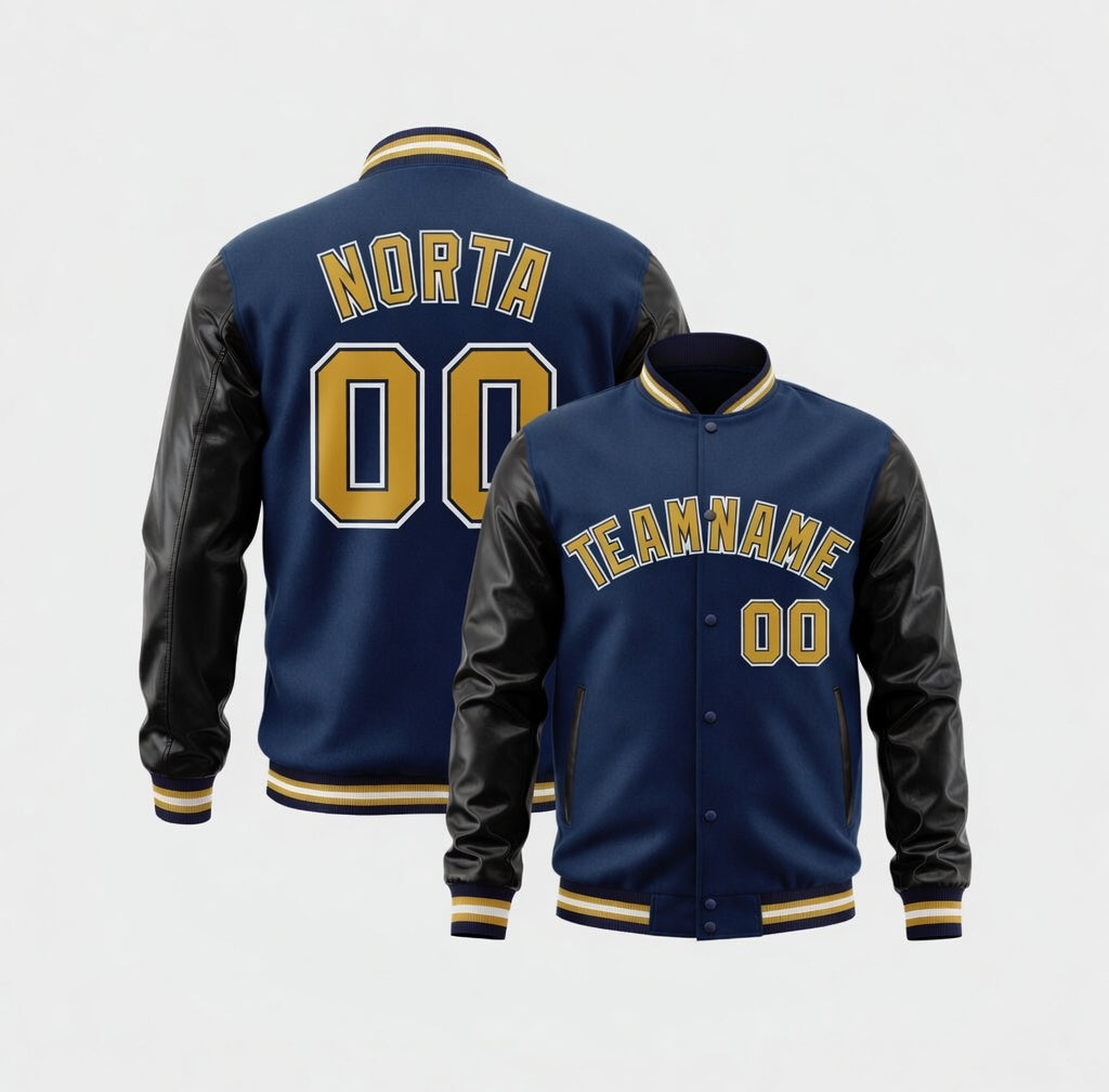 Navy blue varsity jacket with black leather sleeves and gold lettering on a white background