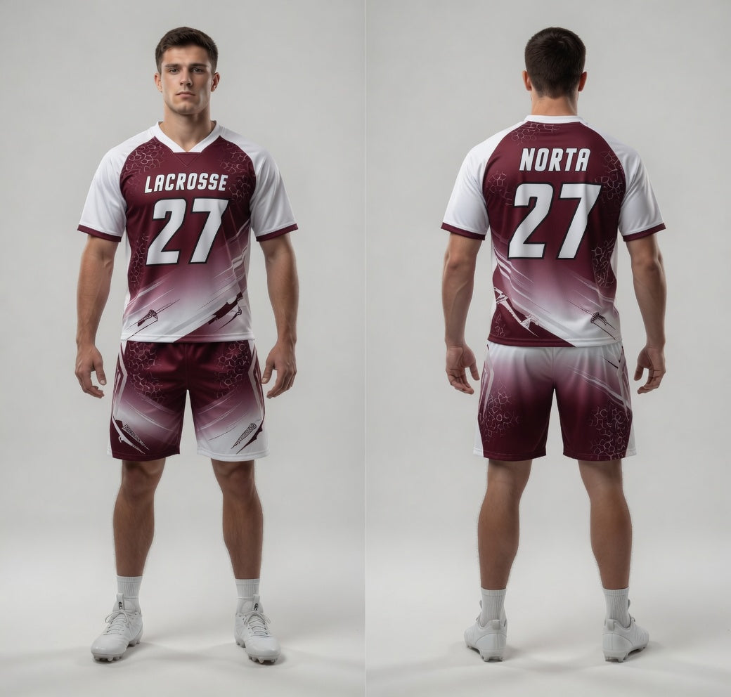 Lacrosse uniform with maroon and white design, featuring the number 27 and 'Norta' branding.