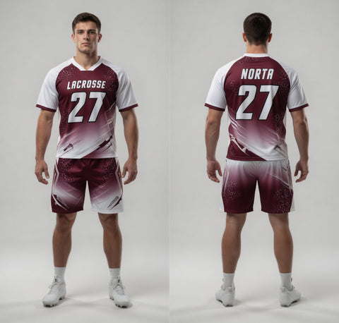 Lacrosse uniform with maroon and white design, featuring the number 27 and 'Norta' branding.