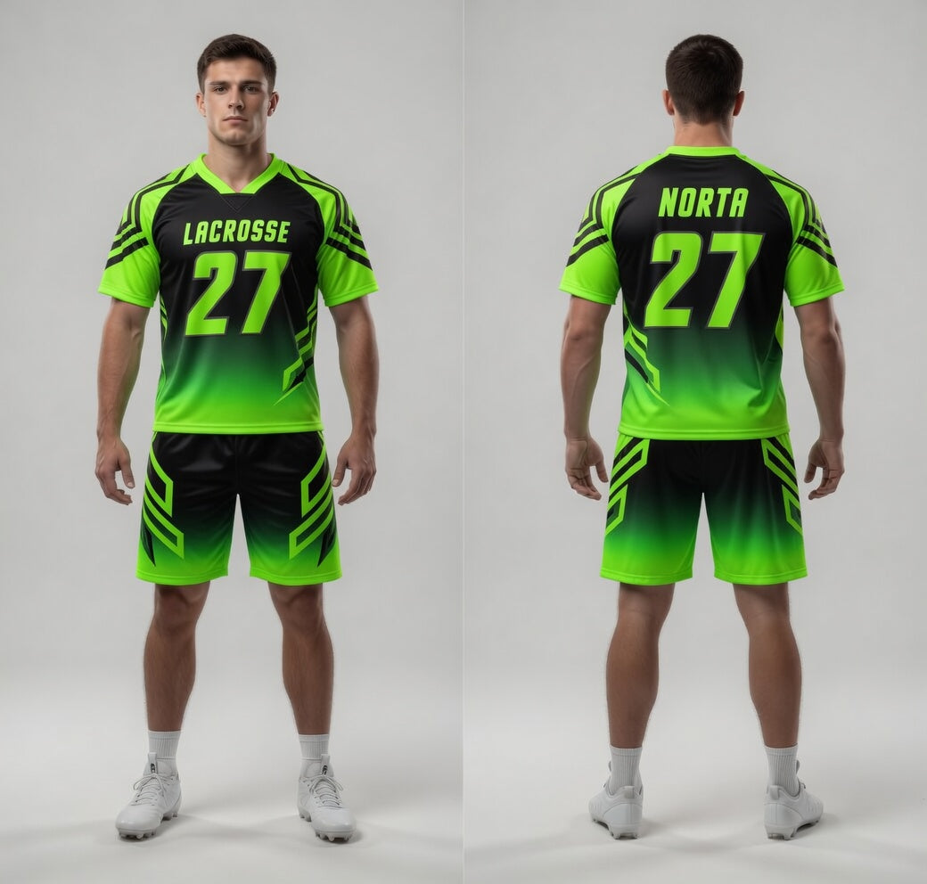 Lacrosse uniform with green and black design, featuring the number 27 and the brand 'Norta'.
