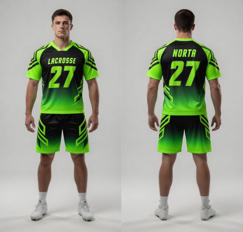 Lacrosse uniform with green and black design, featuring the number 27 and the brand 'Norta'.