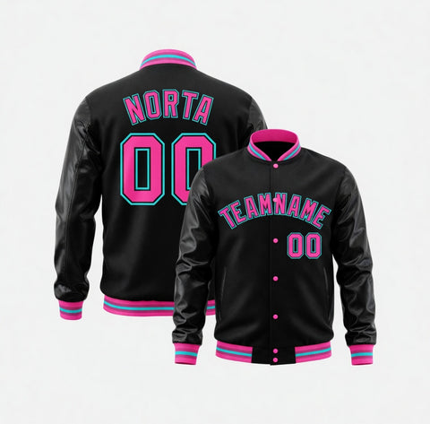 Black varsity jacket with black and blue accents on a white background