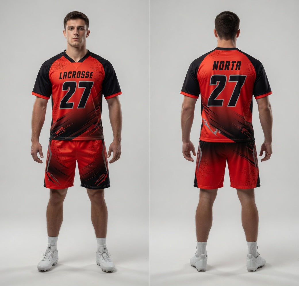 Custom Red Black Lacrosse Uniforms