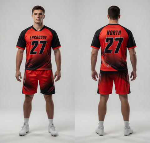 Custom Red Black Lacrosse Uniforms