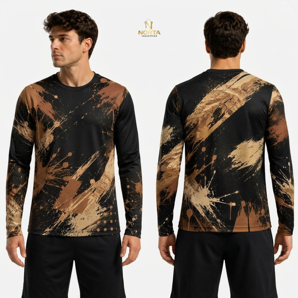 Long-sleeve shirt with black and brown abstract pattern on a white background